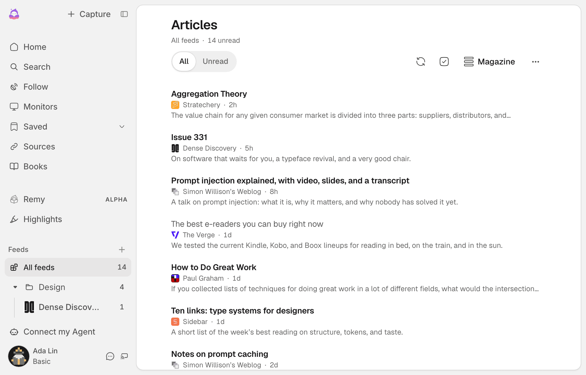 The smry Feeds inbox listing new posts from followed sources such as Stratechery, Simon Willison's Weblog, and The Verge, each with a one-line summary.