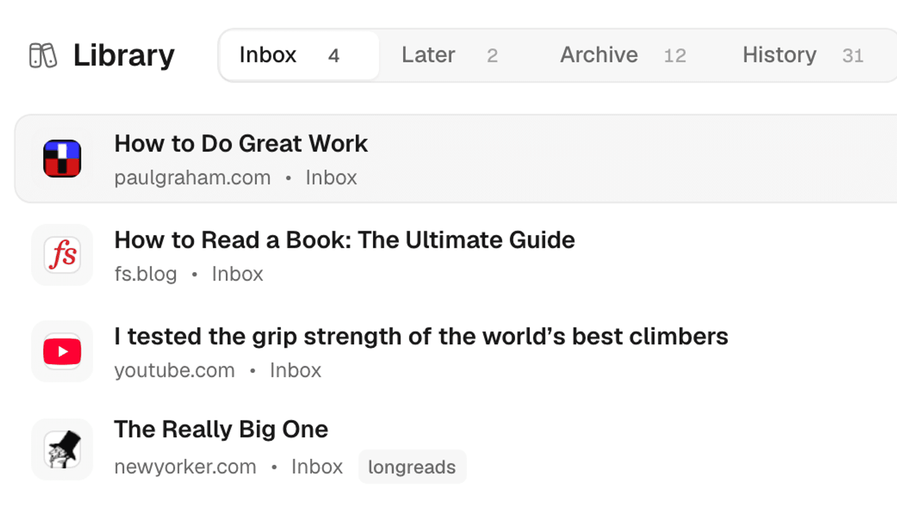 The smry library inbox listing saved articles from paulgraham.com, fs.blog, YouTube, and the New Yorker with tags.