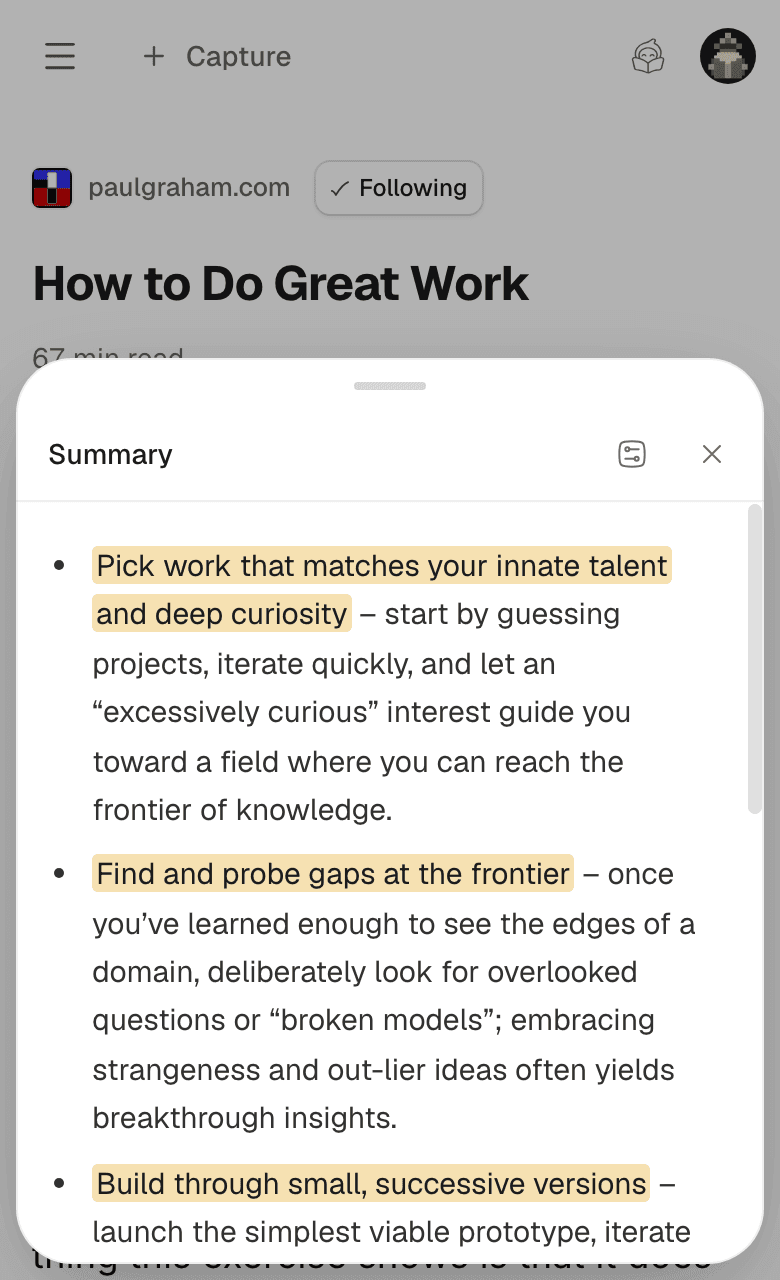The smry reader with the essay How to Do Great Work opened as clean text, next to a summary panel whose key points are highlighted in the article.